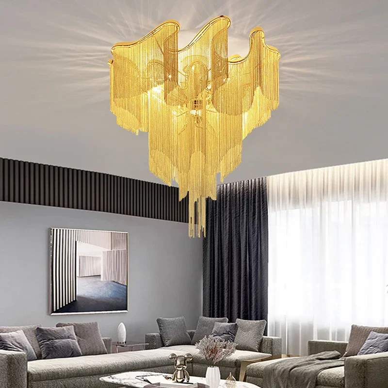 Plafoniere moderne a catena in alluminio dorato di lusso nuove lampade a LED per l'illuminazione a soffitto per la decorazione del soggiorno salone di esche per la casa