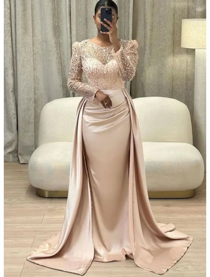 Full Sleeves Evening Dresses Beaded Long Sweep Train O Neckline Formal Party Special Occasion Women Prom Gowns