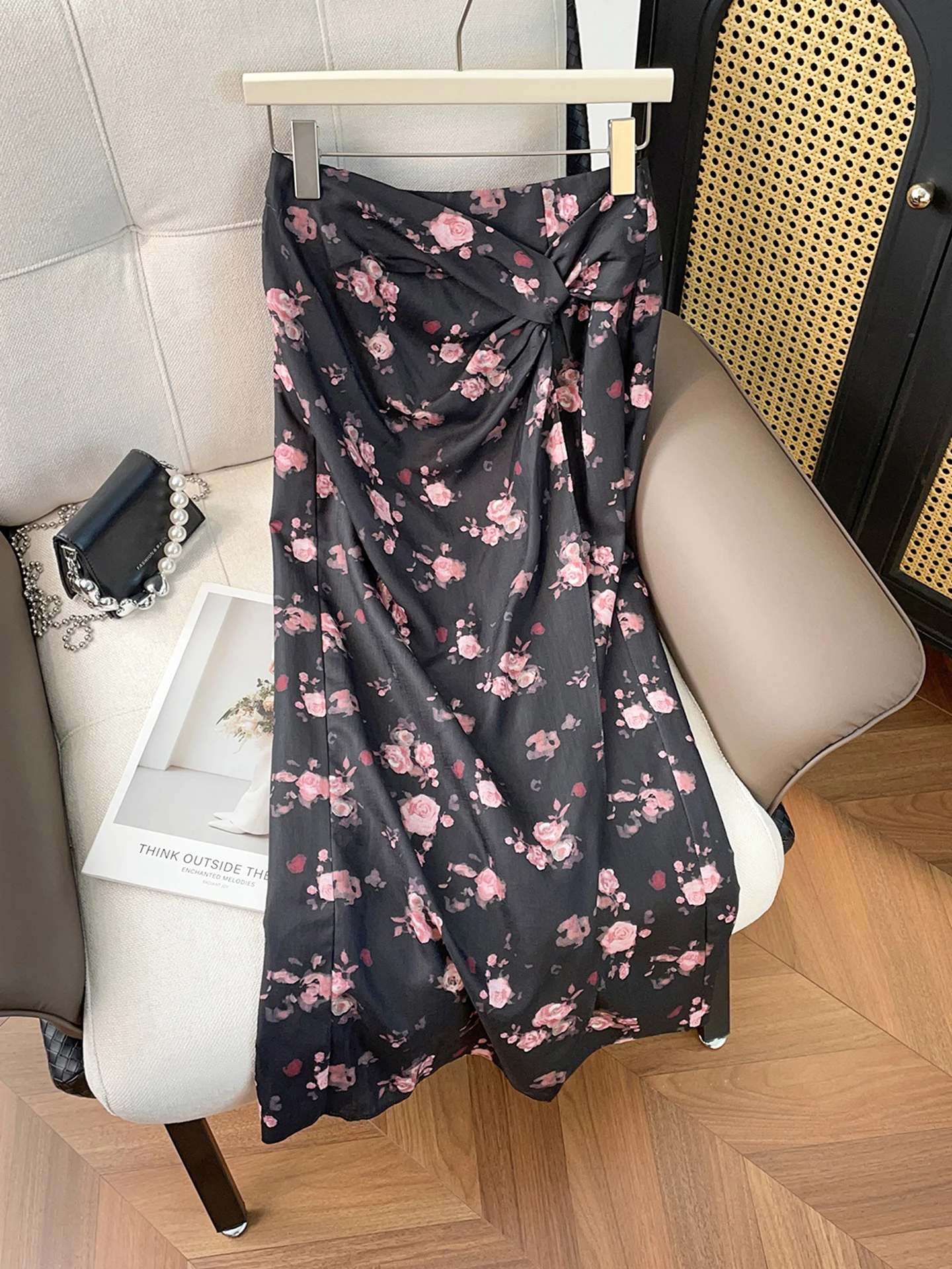 Ele Vintage gebloemde midi-rok Afslankende hoge taille A-lijn silhouet Vrijetijdskleding Bestand stof Damesachtige Sle