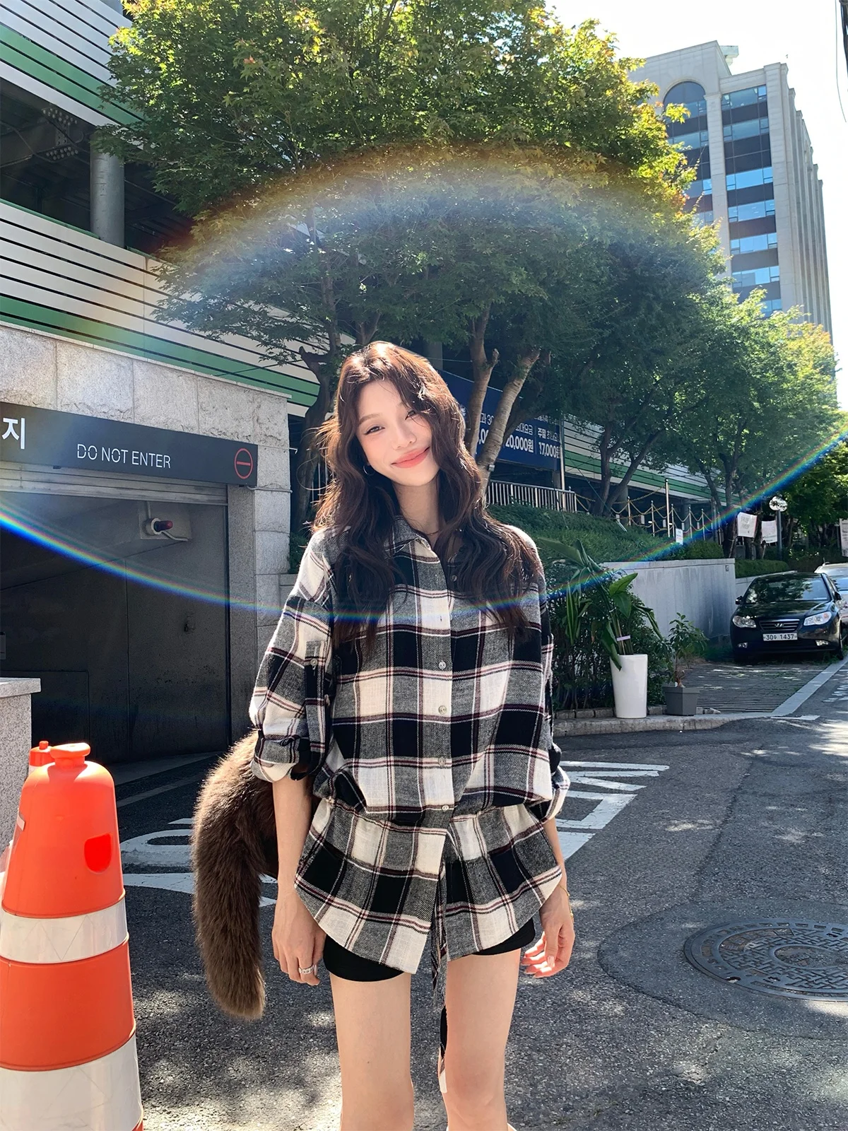 

Винтажный свободный крой с завязкой на талии, клетчатый узор, ленивый женский длинный светильник с эффектом похудения, на пуговицах