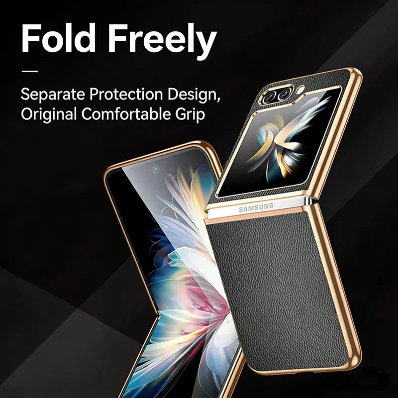 Golden Frame Electroplated Lychee pattern PU Leather Phone Case for Samsung Galaxy Z Flip7 6 5 4 3 Flip 7 FE Luxury Hard Cover