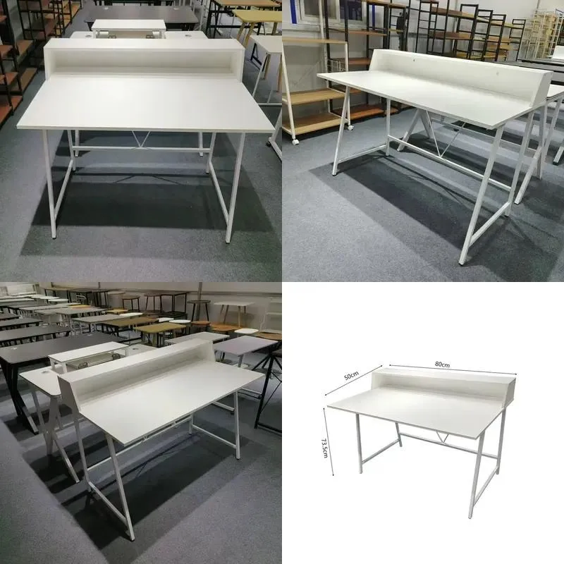 Simple White Modern Computer Desk with Storage Rack Metal Frame Home Office Writing Desk Bedroom Study Table