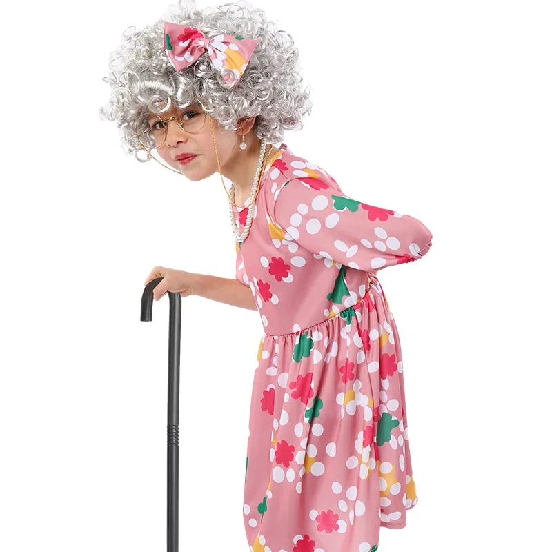 

Children's Day granny Cosplay Pink floral skirt Halloween carnival Party Kindergarten performance with accessories kostum