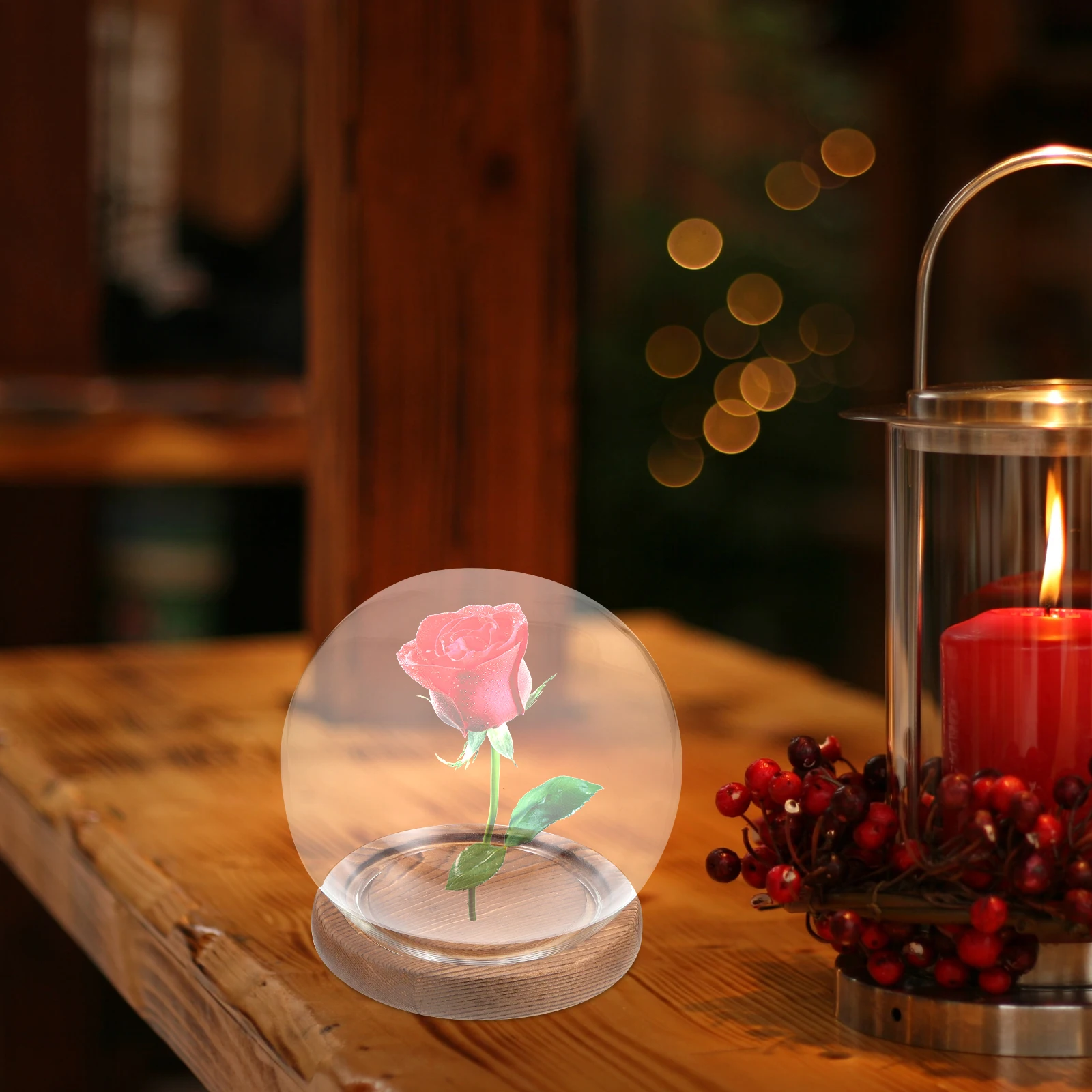 

1 set Clear Glass Dome With Wooden Base For Preserved Flowers Display Cloche Decorative Landscape Vase Craft Storage Case