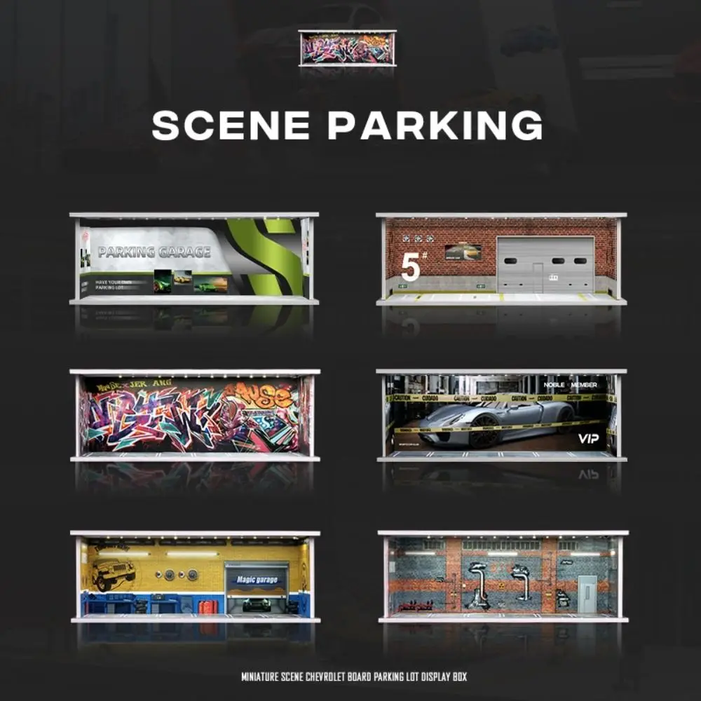 1/64 Scale Garage Scene Model With Lights Miniature Parking Lot Model Showroom Exhibition Hall Car Model Display Box Boys Gift