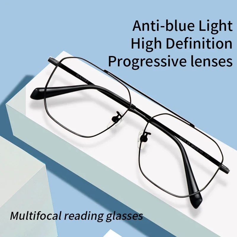Progressive Multifocus Reading Glasses for Men, Blue Light Blocking Resin Lens, Metal Full Rim Readers,Presbyopia Eyeglasses