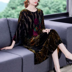 Large Size Gold Velvet Dress Women's Autumn New High-End Mulberry Silk Burnt Flower Dress Luxurious Temperament Vestidos M1928