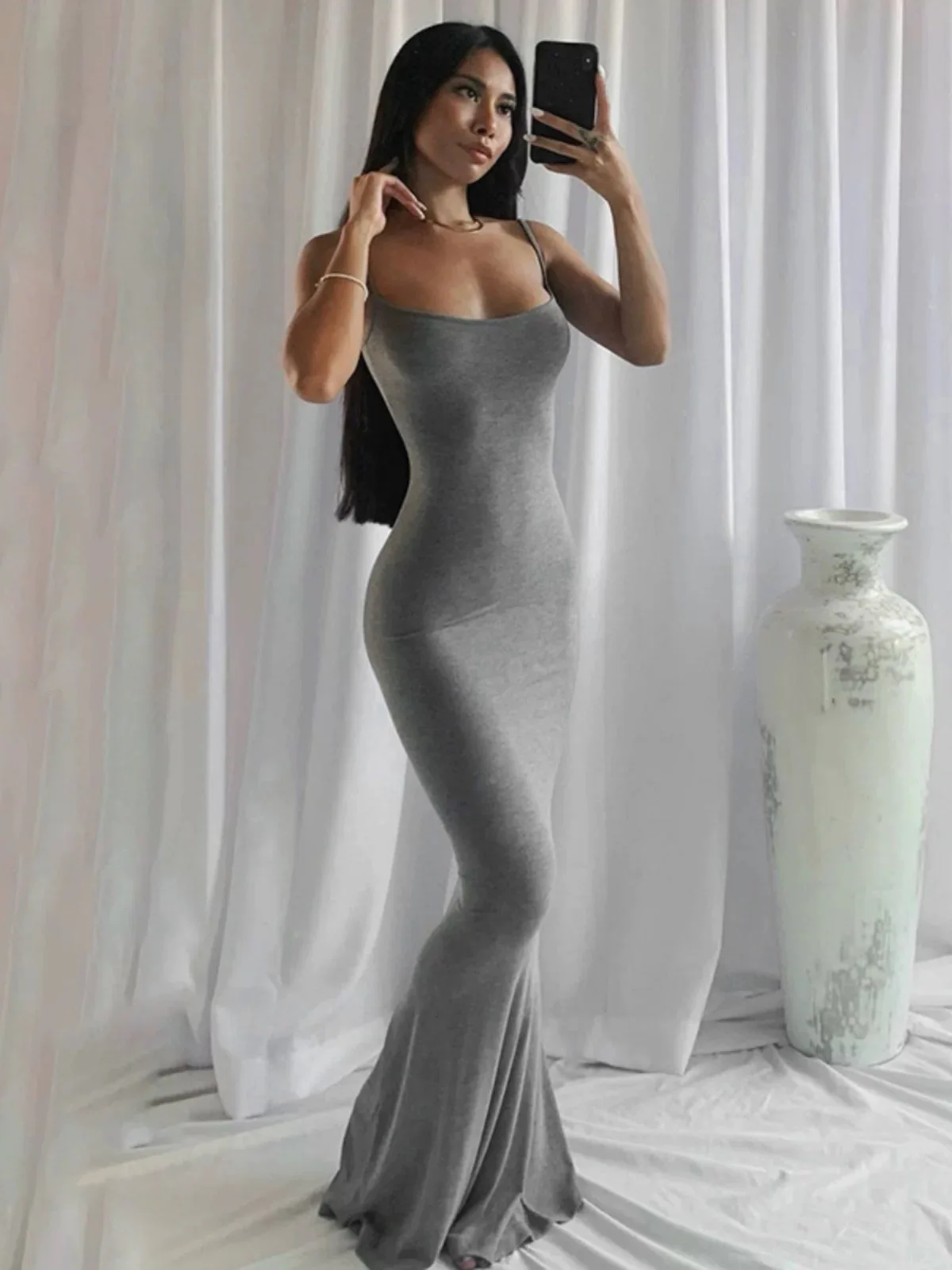 

2025 Women's New Summer Dresses,Europe and America INS Style, Casual Solid Color, Fishtail Bud Dress