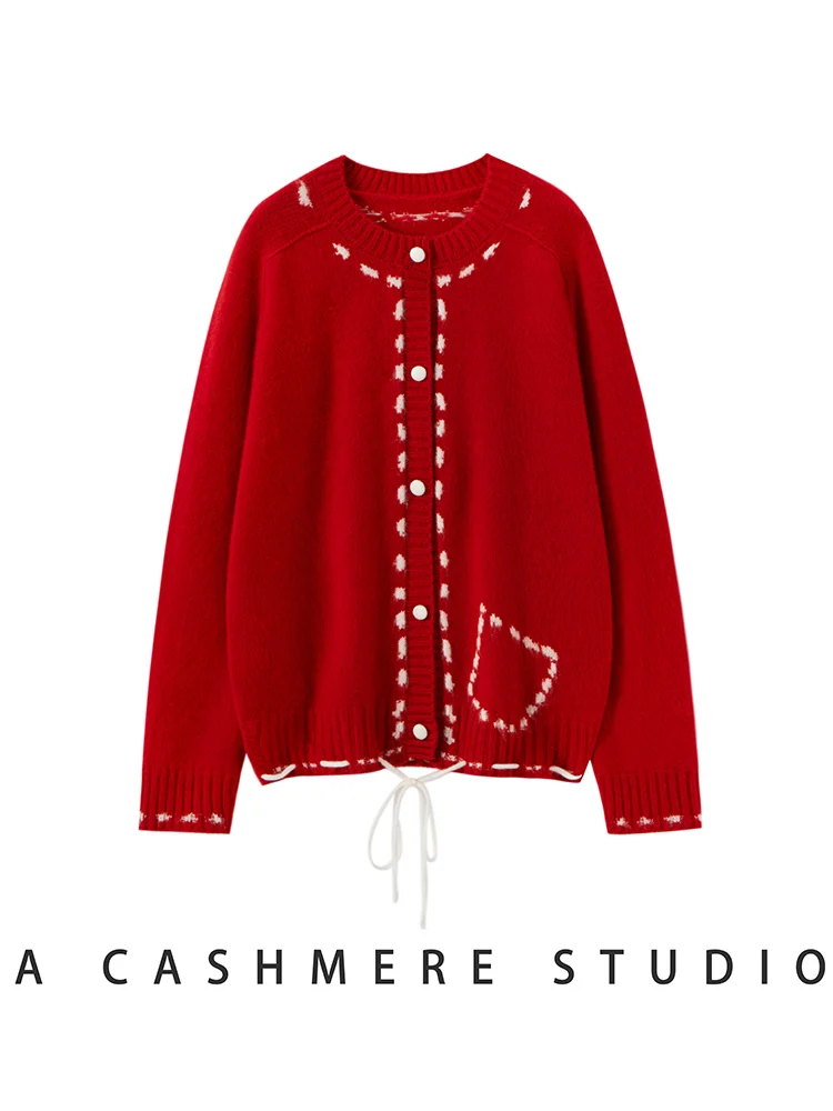 

CHICUU женский 100% кашемировый свитер, кардиган с круглым вырезом, роскошный дизайн, жаккардовое кашемировое пальто, осенне-зимний кашемировый трикотаж