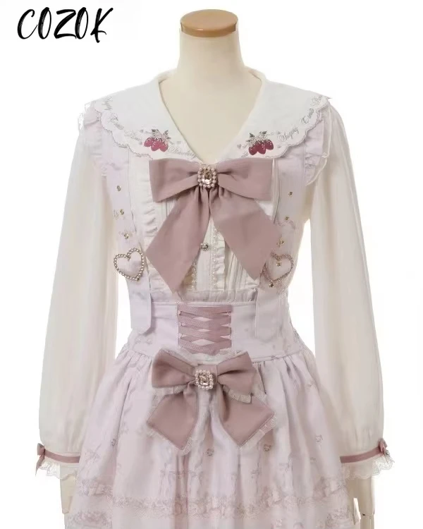 

Japanese Bow Strap Dress Women Mine Mass-Produced Ribbon Diamond Heart Buckle Detachable Printed Mini Dress Girls Summer Dresses