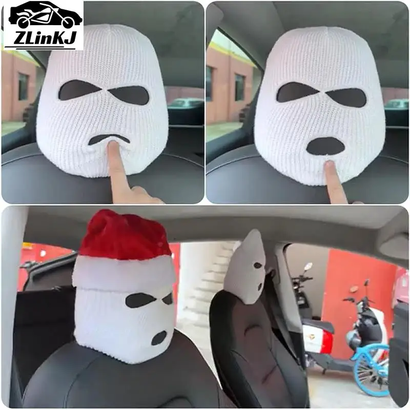 1PC Funny Spoof Car Seat Headgear Headrest Cover 3 Hole Knitted Face Mask Seat Cover Car Creative Seat Decorations Accessories