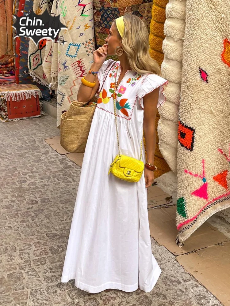 

Causal Embroider Printed Dresses For Women Fashion Ruffle Sleeveless Loose Long Dress 2024 New Summer Lady Vacation Beach Robes