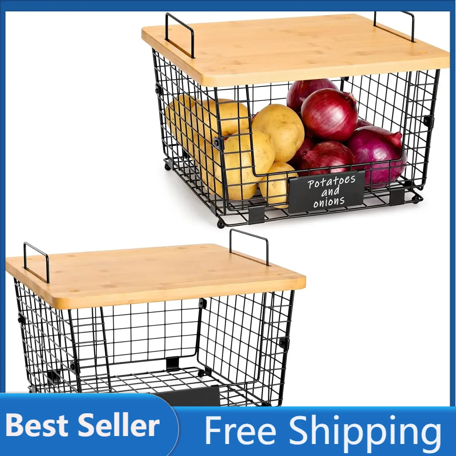 2 Set Stackable Wire Basket with Bamboo Top -Kitchen Counter Pantry Organization - Cabinet Countertop Space Saving Organizing