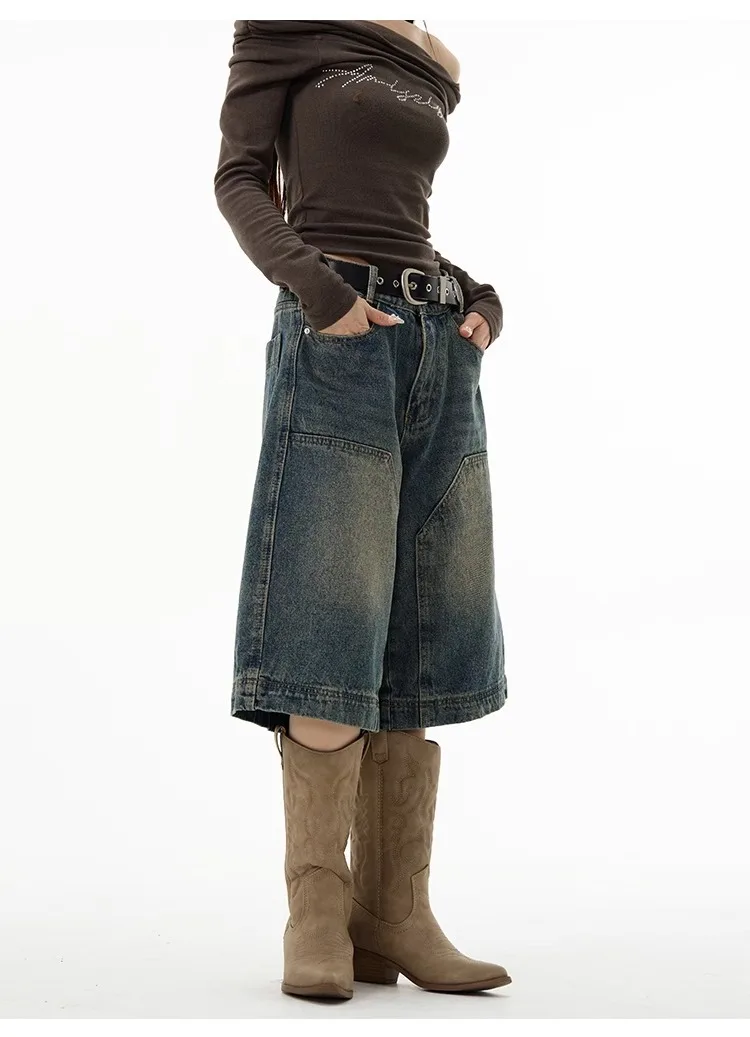 Men's Denim Shorts Old School Vintage Wood-Cut Wide-Leg Shorts, Capri Pants for Couples in Summer