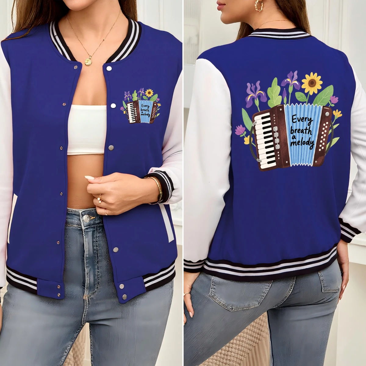 

Every Breath A Melody Accordion Print Women Jackets Button Casual Baseball Uniform Autumn Colorful Jacket Cotton Loose Clothes