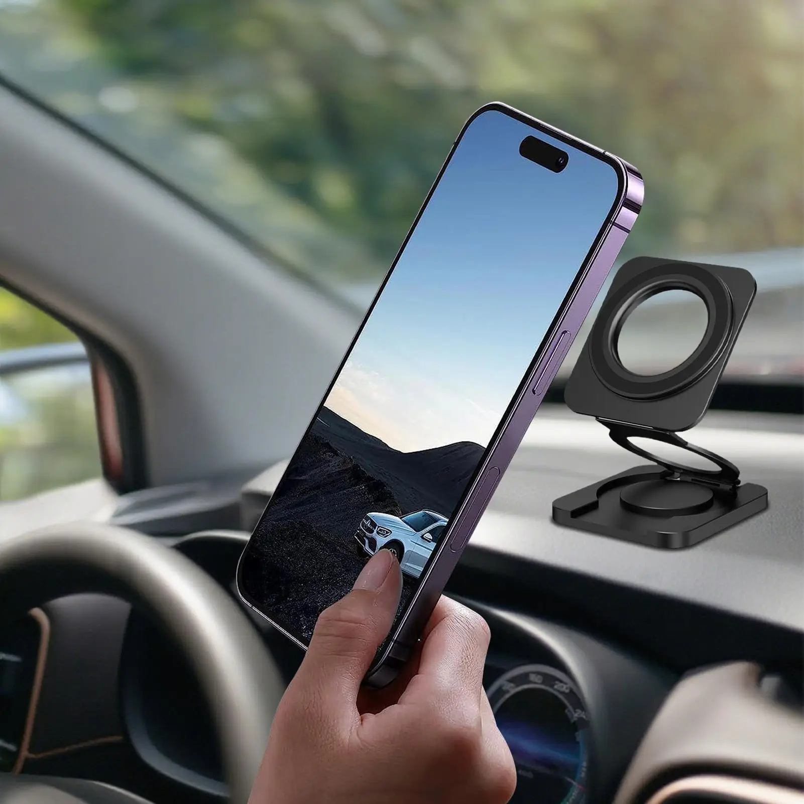 磁気電話ホルダースタンド折りたたみ式デスク電話スタンド180度回転滑り止めポータブルブラケットグリップ、トラック、ジム、自撮り用