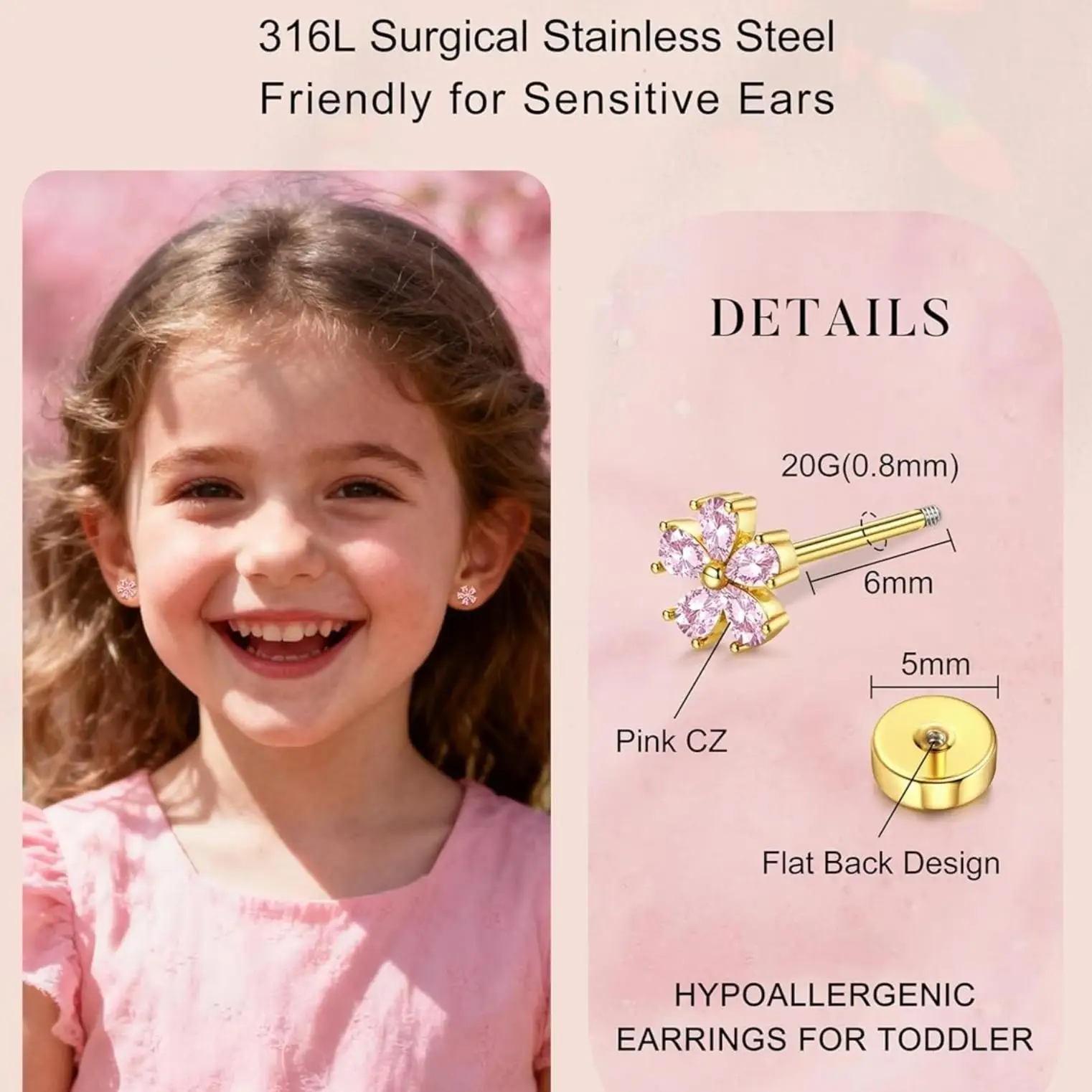 14K Gold Plated Earrings Stack for Women Hypoallergenic 316L Surgical Stainless Steel Cute Pearl Flower Butterfly Heart Strawberry Rainbow Flat Back Earrings Small Daisy Huggie Hoop Earrings Set for Sensitive Ears