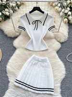 SINGREINY Summer College Style Knit 2pcs Suit Polo Neck Bow Design Tops+Pleated Skirt Color Block Women Elastic Vintage Sets