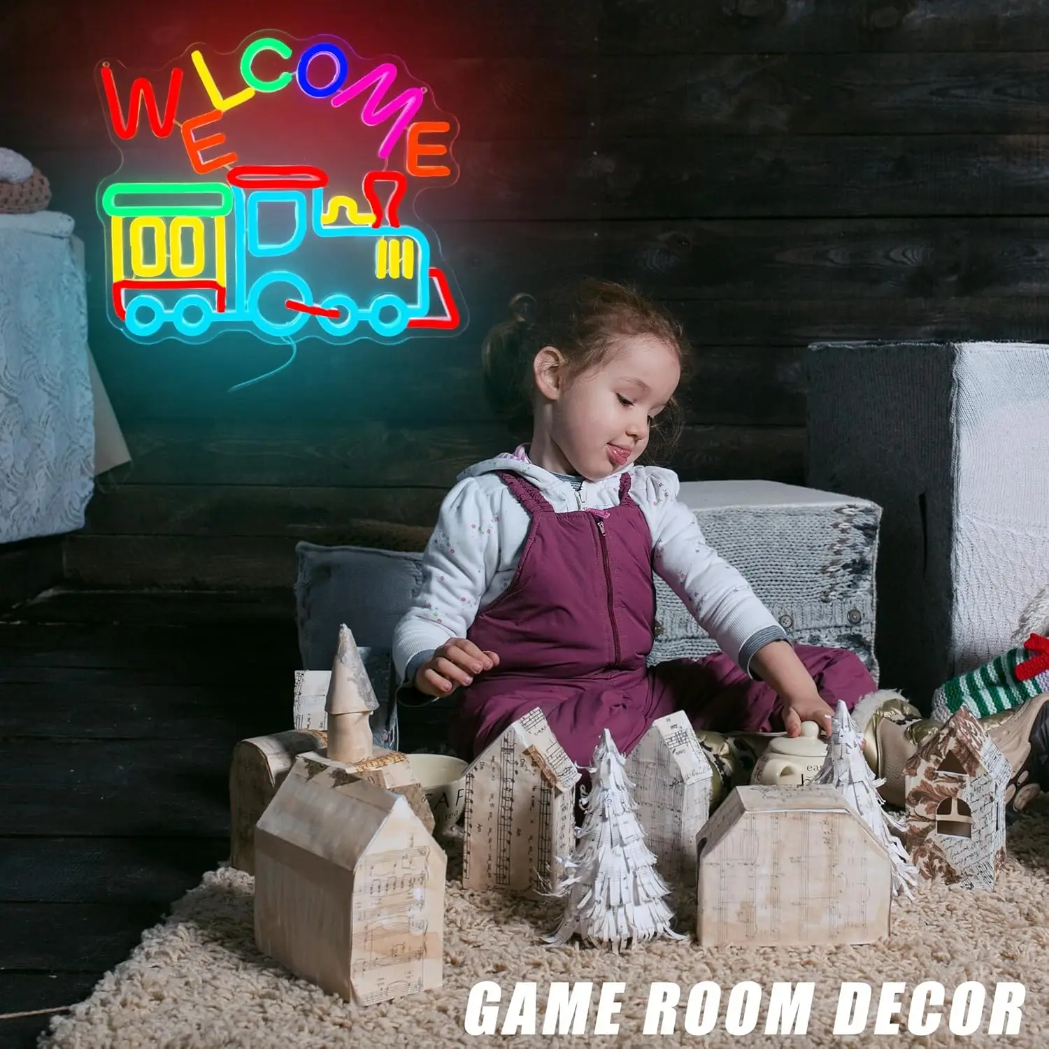 Welcome Train Neon Sign Colorful LED Neon Light USB Powered for Home Kids Room Playroom Train Party Birthday Decor Gift Dimmable