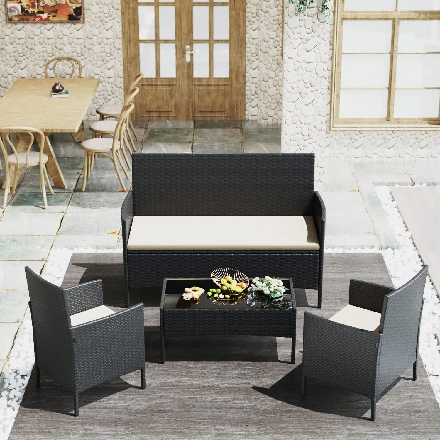 Greesum Patio Furniture 4 Pieces Conversation Sets Outdoor Wicker Rattan Chairs Garden Backyard Balcony Porch Poolside loveseat