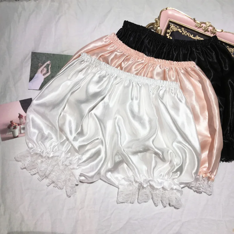 Satin Glossy Cute Lolita Safety Short Pants donna Sweet Ice Silk JK Bloomers Ruffles Lace Trim mutandine pantaloncini di zucca Pettipants