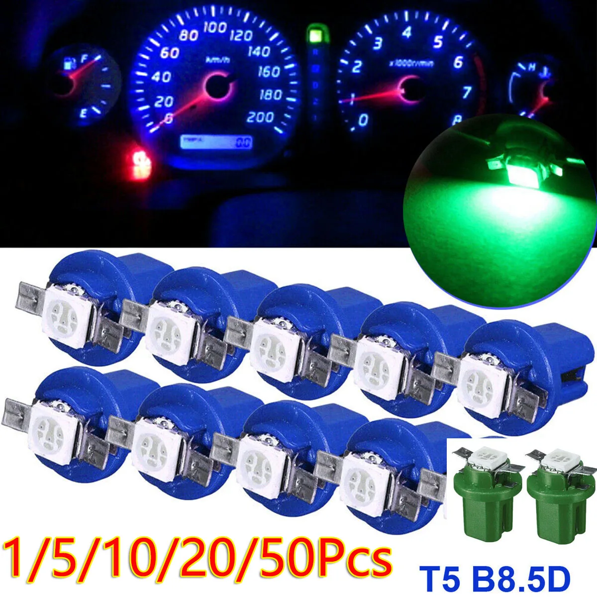 10/20/50Pcs Blue Green T5 B8.5D 5050 LED Car Dashboard Light Bulbs Instrument Interior Car Interior Lighting Parts Accessories