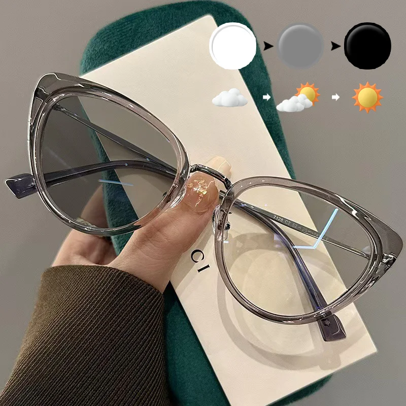 Photochrome Cat-Eye-Brille, trendige Anti-Blaulicht-Brille, ultraleichte, nicht verschreibungspflichtige flache Brille, Legierung + TR-Brillengestell