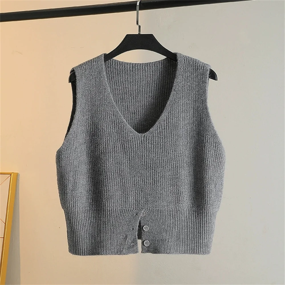 Korean Fashion Sweater Vest For Women Button Front V-neck Sleeveless Solid Pullovers Knit Sweater Vest Top School Girl Clothes
