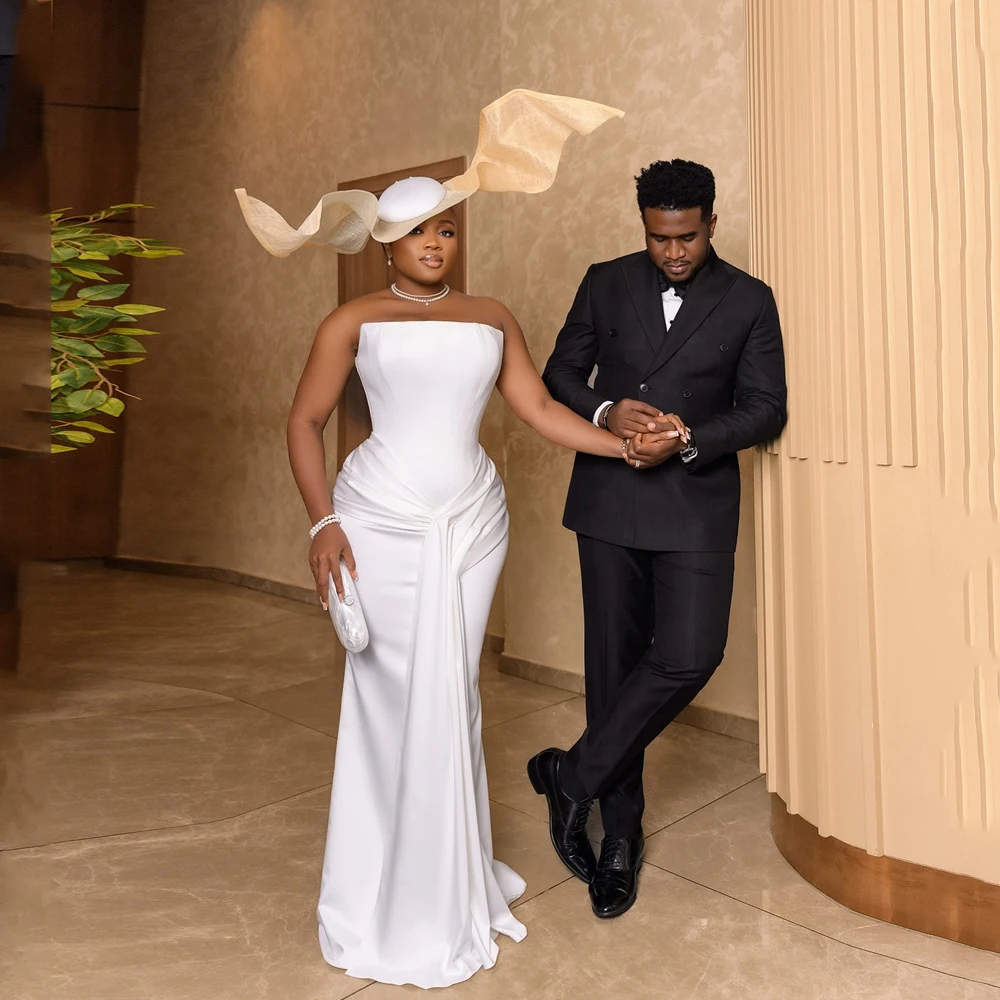 

Mermaid Satin Wedding Dresses For Bride 2025 Vestidos African Women Elegant Bridal Gowns Strapless Pleat Ivory Customized