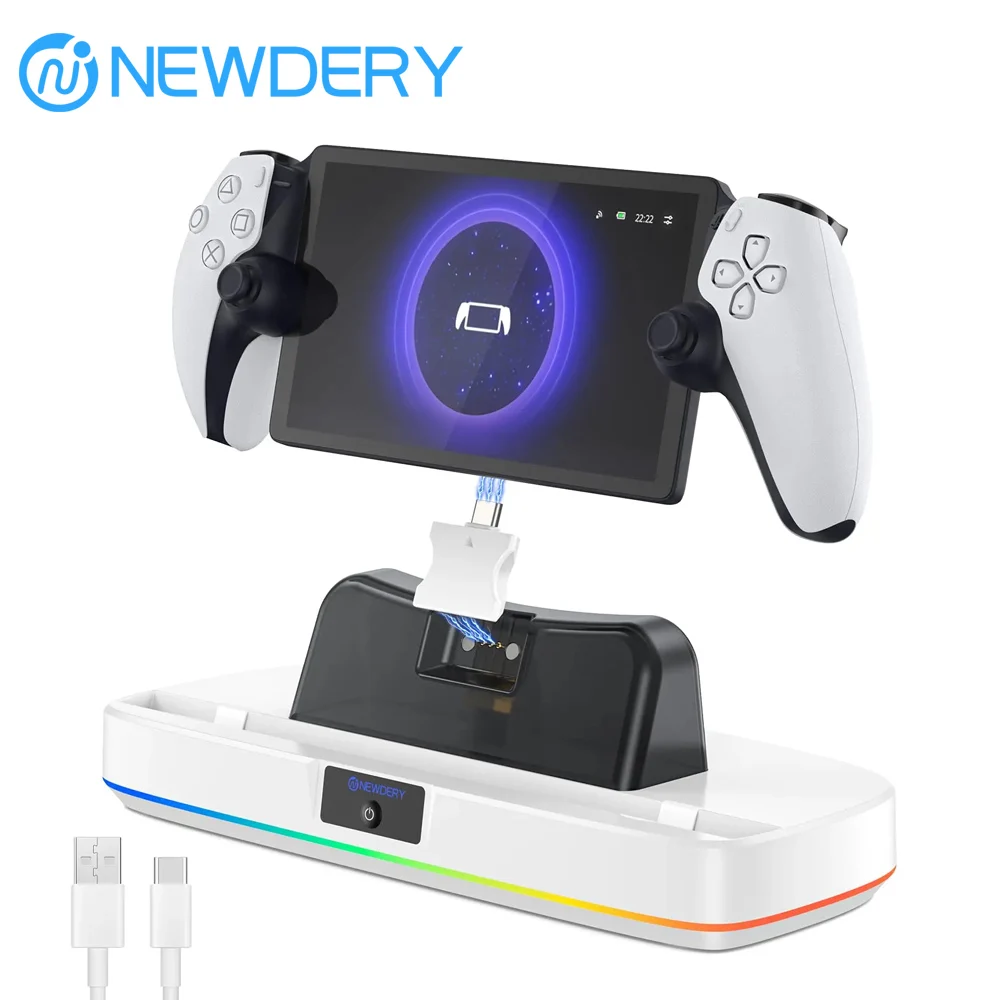NEWDERY Charger Dock for PS Portal Portable Charging Station Magnetic Connector Charging Stand with RGB Light and Type-C Cable