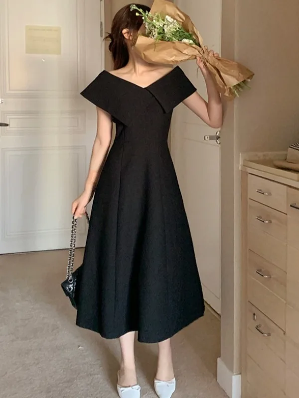 Hebe Style Asymmetrical Collar Sleeveless Dress Women's Summer New Color Block Long Skirt Commute Style Short Sleeve Inner Wear