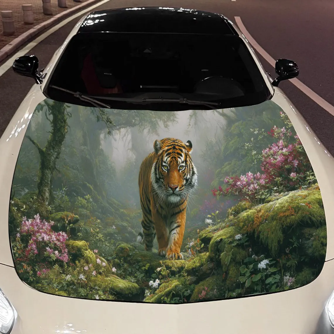 Mystical Floral Tiger Car Hood Stickers - Self-Adhesive, Waterproof and Durable Vinyl Wrap, Decorate And Protect Your Car - The