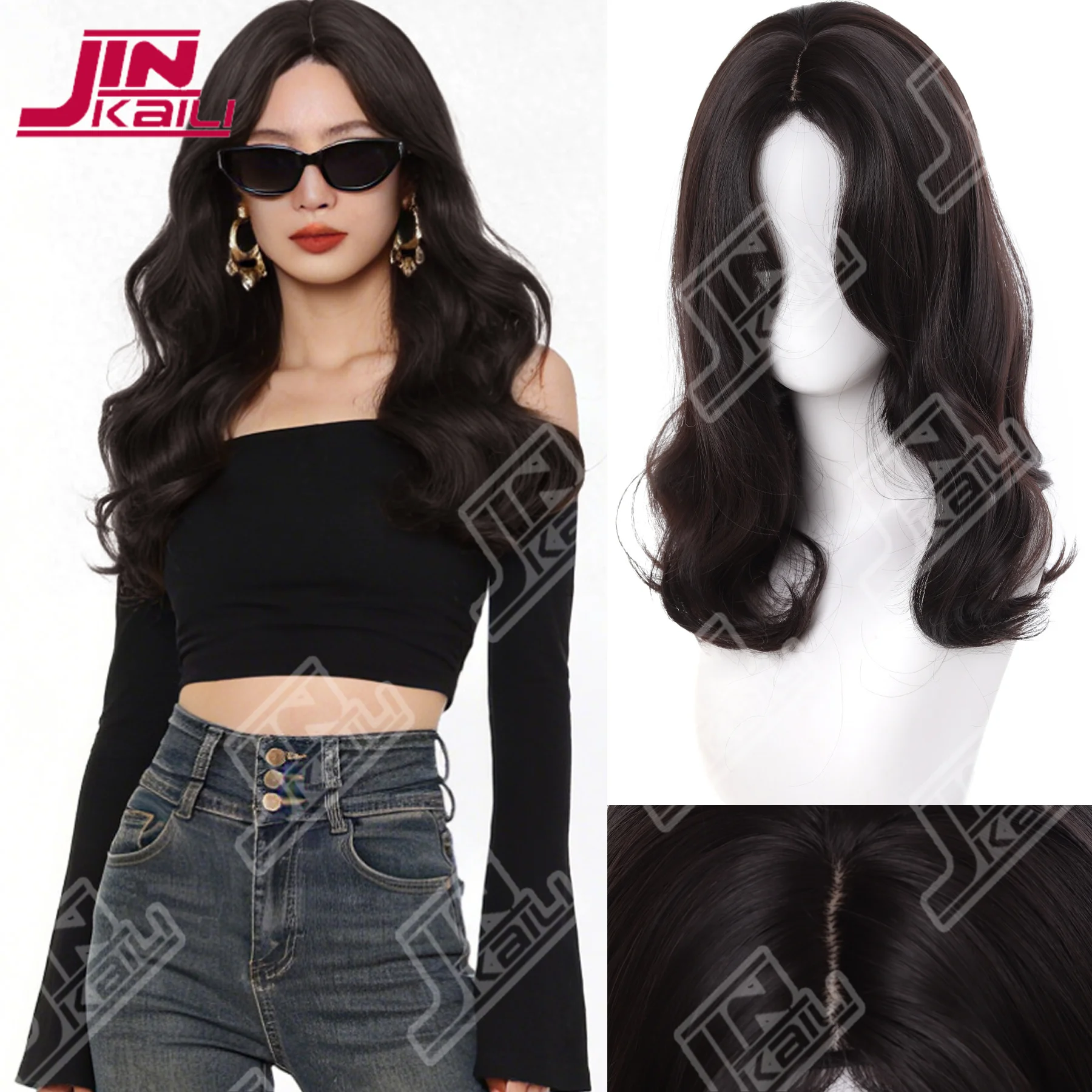 JKL cool brown Wavy Synthetic Wigs Medium Length Middle Part Wig for Women Daily Party Wedding Use Heat Resistant