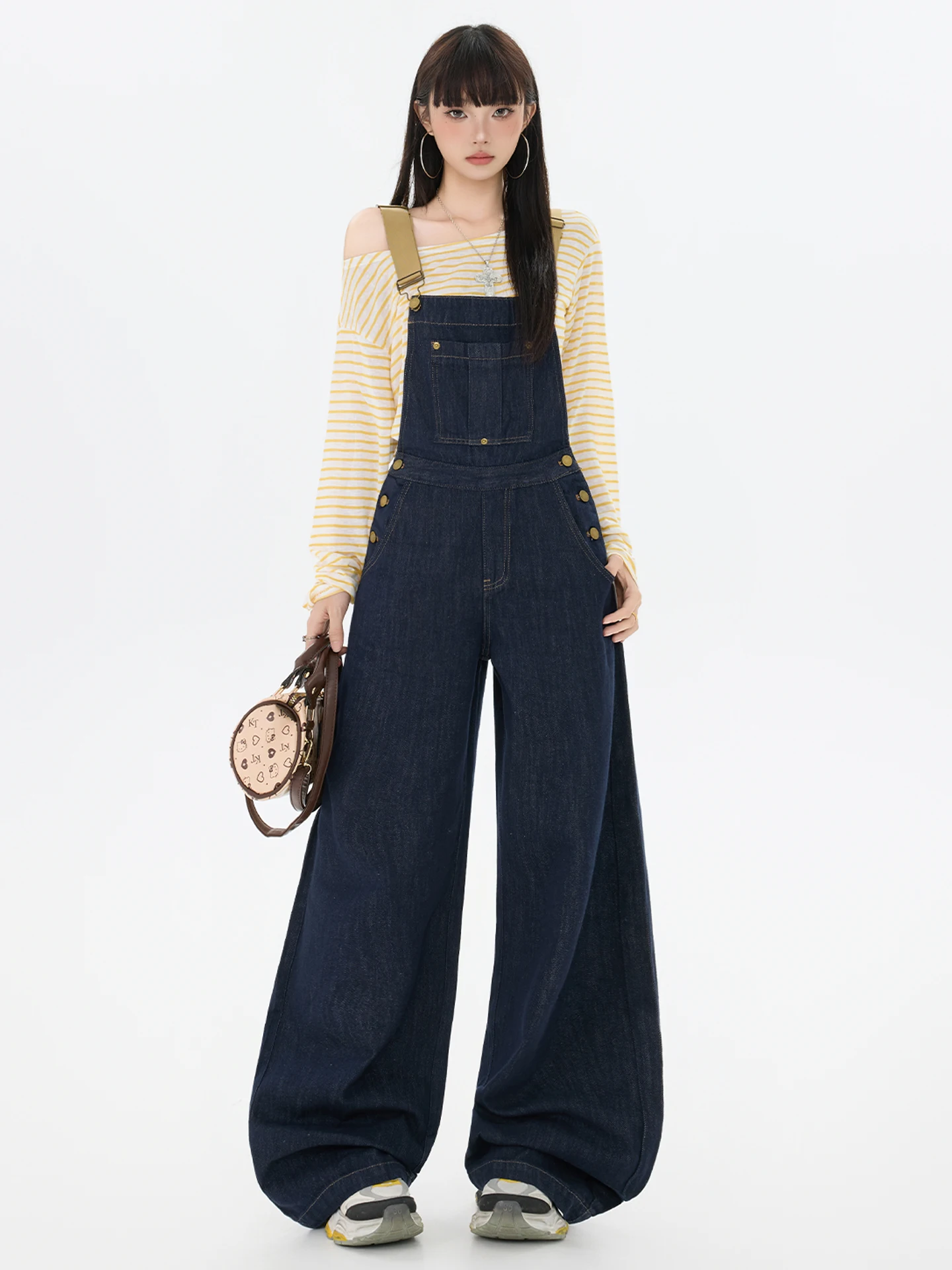 

Deep Blue Denim Overalls Women's Casual High Waist Loose Fit Wide Leg Jeans Pants Vintage Sle Versatile Comfortable Dungarees