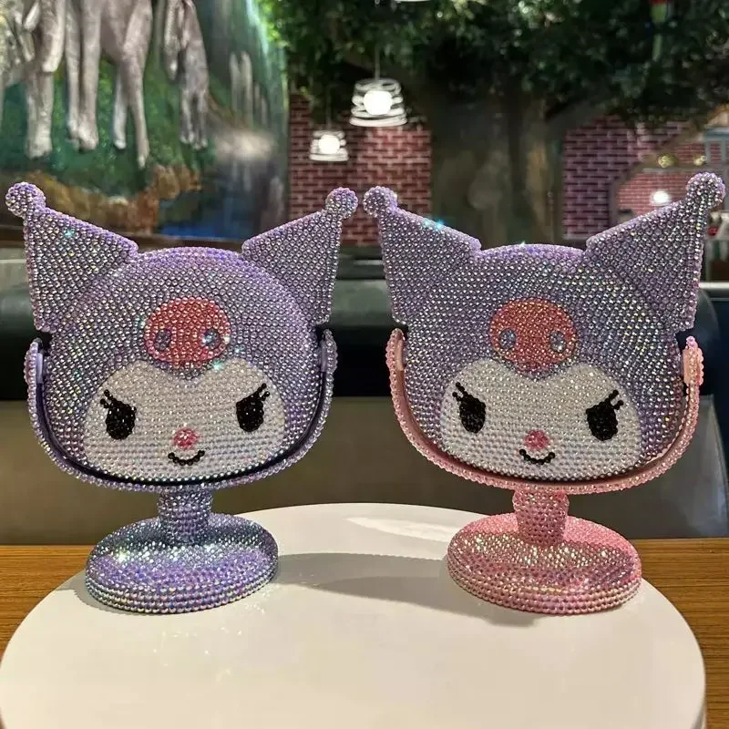 Sanrio Kuromi cute girls creative sweet cartoon handmade diamond revolving makeup mirror as a birthday gift for best friend