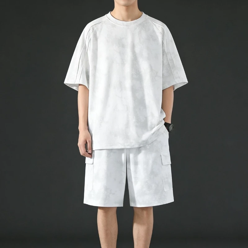 

Stylish Men's Tie-Dye Two-Piece Outfit for Summer Casual Wear with Draped Loose-Fitting Shorts and Lightweight T-Shirt