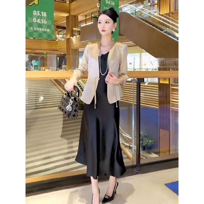 Nowa damska odzież w stylu chińskim, ekskluzywny profesjonalny satynowy garnitur, sukienka na ramiączkach, dwuczęściowy zestaw, wiosenna i jesienna moda, individualność.