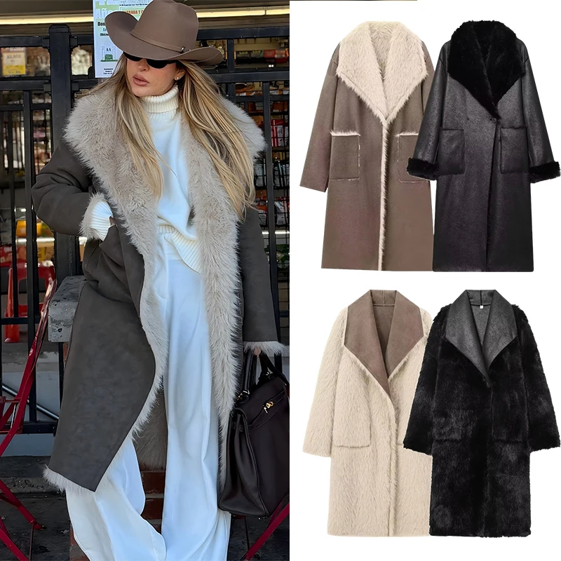 Women's Reversible Faux Fur Long Coat Autumn Winter 2026 Chic Shearling-Like Warm Outerwear Double-Sided Jacket Шуба