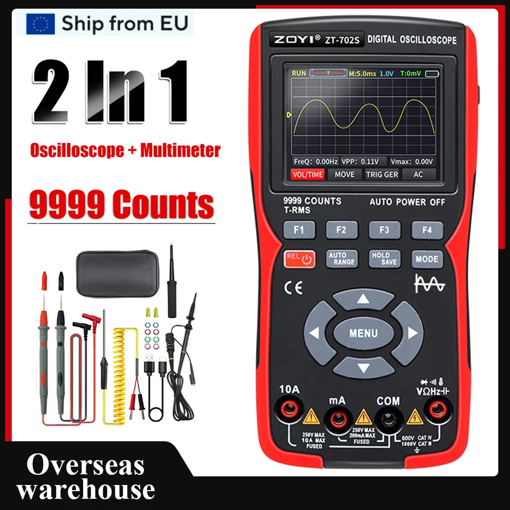 2 in 1 Digital Oscilloscope Multimeter 48MSa/s Sampling 10Mhz Bandwidth 9999 Counts True RMS 2.8in IPS Color Display Multimetro