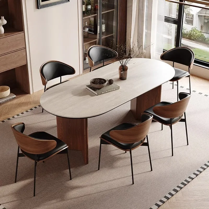 Zhuolun Meiqi retro medieval travertine rock slab household small apartment solid wood foot oval dining table