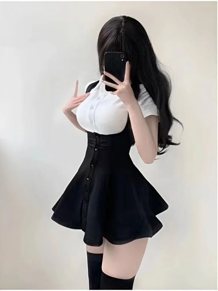 Summer New Sweet Spicy Short  Collar Two-Piece Set Miniature Girl School Style Skirt And Blouse Set Trendy Fashion Ensemble