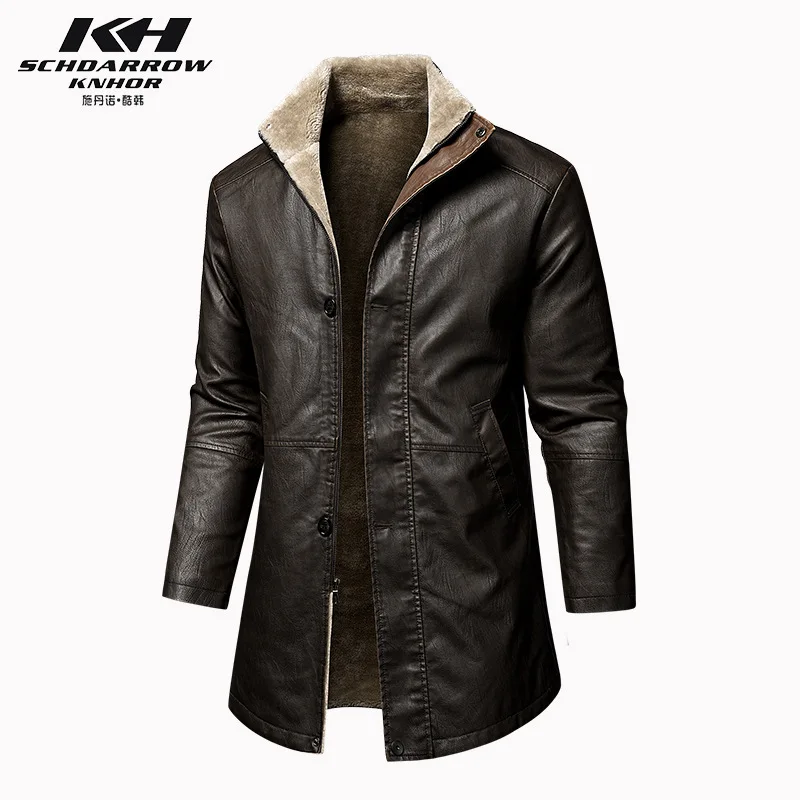 Mens Leather Jacket Men's Warm Winter Coat Mid-length Men PU Leather Jacket Lapel Casual Plush Leather Plus velvet Fur Coat Male