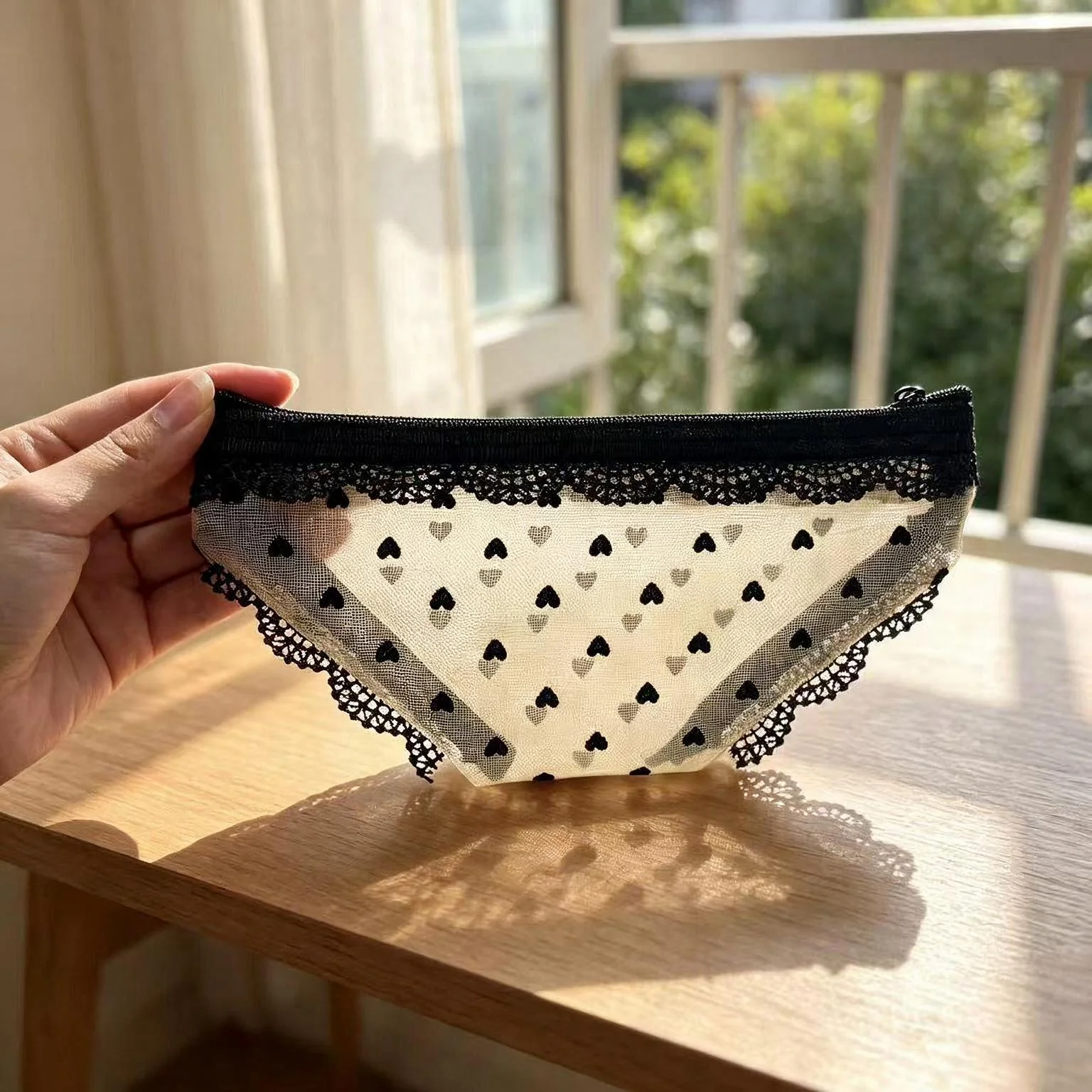 Unique Briefs Shape Mesh Transparent Lace Heart Cosmetic Bag, Makeup Storage Pouch and Toiletry Bag for Travel