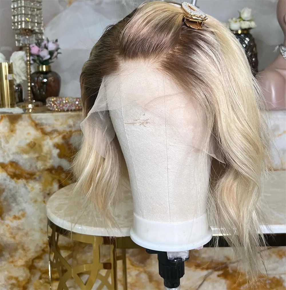 Preplucked Glueless Natural Wave Wig Synthetic Lace Front Wig Platinum Blonde Ombre Wigs for Women Ash Roots Short Wig Cosplay
