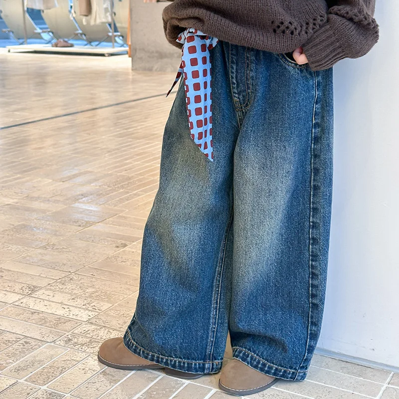Girls Pants Autumn Korean Retro Denim Loose Casual Wide Leg Pants Fashionable Daily Versatile Temperament Simple Wear