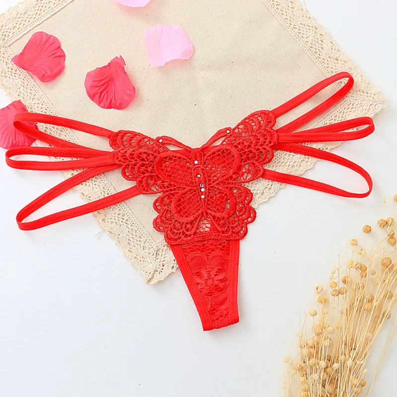 Sexy Hot G-string Double Thin Straps Panties Lace Hollowed High Slit Thongs Butterfly Fun Underwear T-back Underpants Wholesale