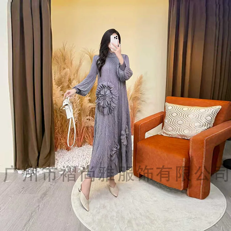 ミヤケプリーツ2025秋冬刺繍ドレス、ライトラグジュアリーハイエンドスタンドフラワー弾性メッシュルーズロングスカート