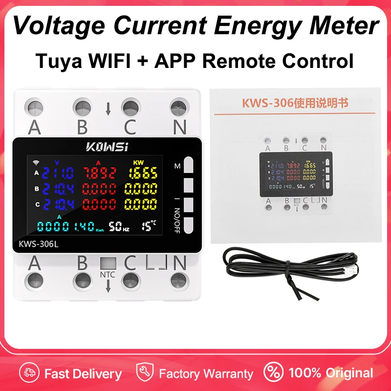 

KWS-306 Voltage Current Power Meter Tuya WIFI Three Phase Four Wire Meter APP Remote Control AC 85-290V 80A Power Protection