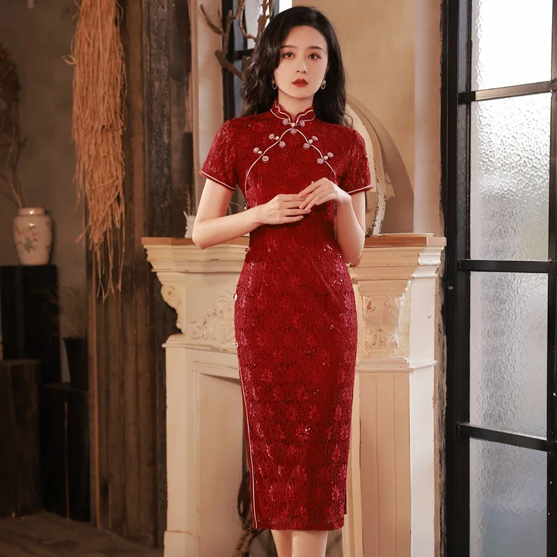 

Burgundy Lace Improved Cheongsam Spring Young Bride Toast Wedding Clothing Short Sleeve Chinese Qipao Dress For Elegant Women