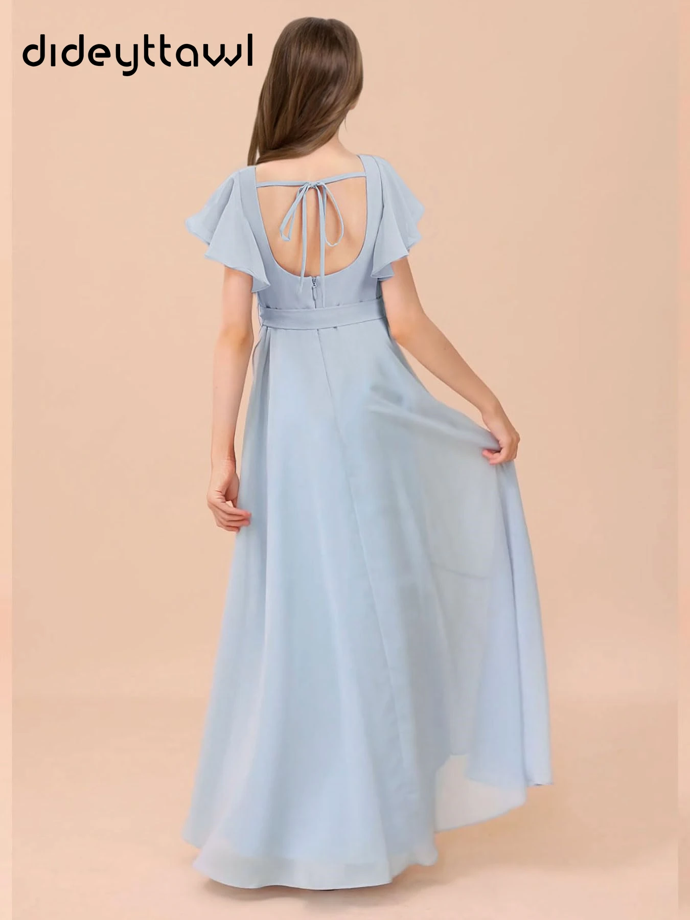 Dideyttawl Customized Girls Square Neck Ruffle Sleeves High Waist Belted Asymmetrical Hem Chiffon Dress Open Back Tie Straps Flo